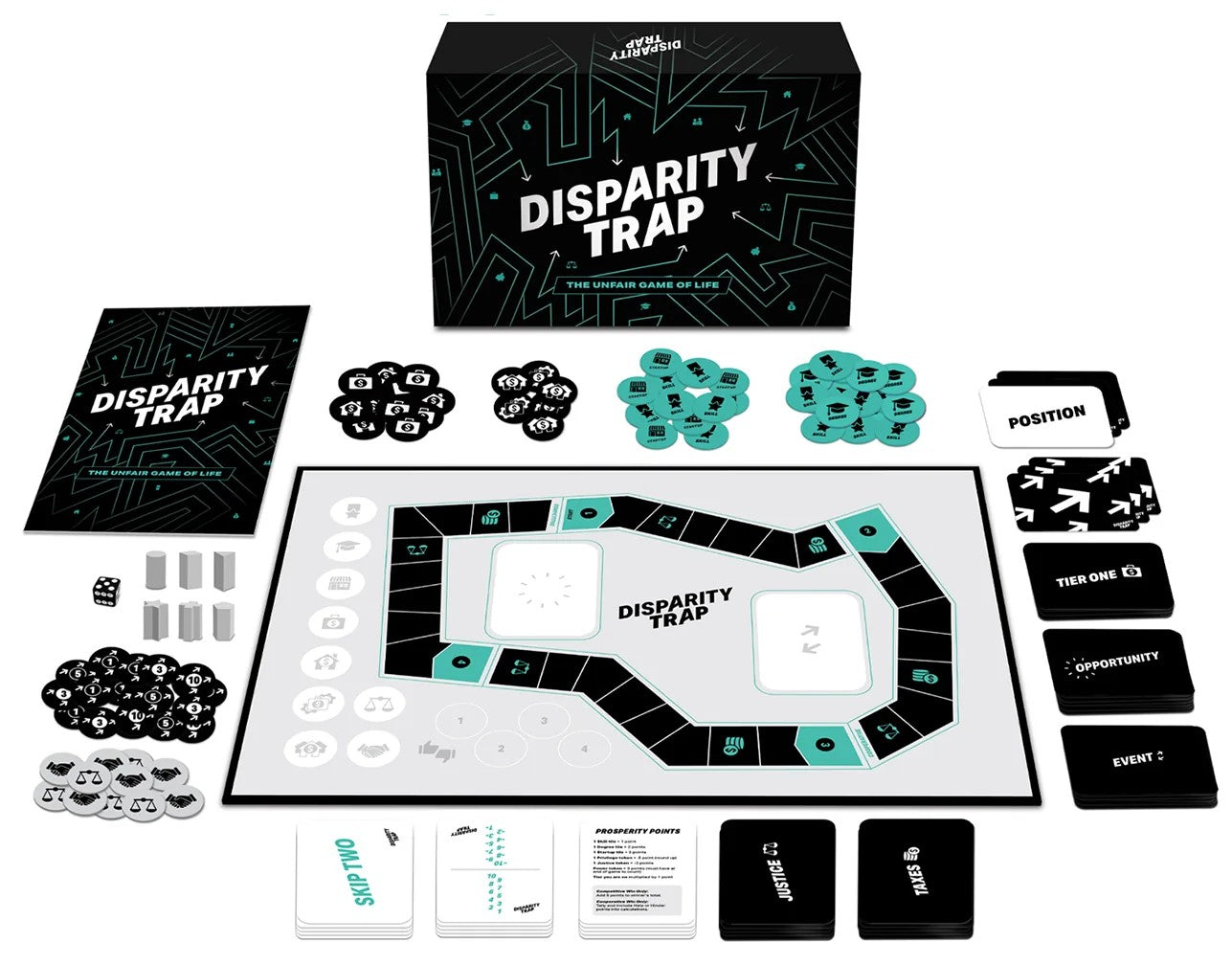Everything in the Game Set laid out: the box, rulebook, gameboard, die, pawns, tokens, tiles and card decks